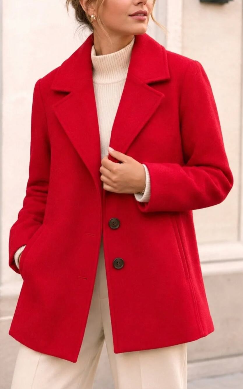 J. Jill Women's Classic Red Button-Down Pea Coat Wool Blend Minimalist Size Med